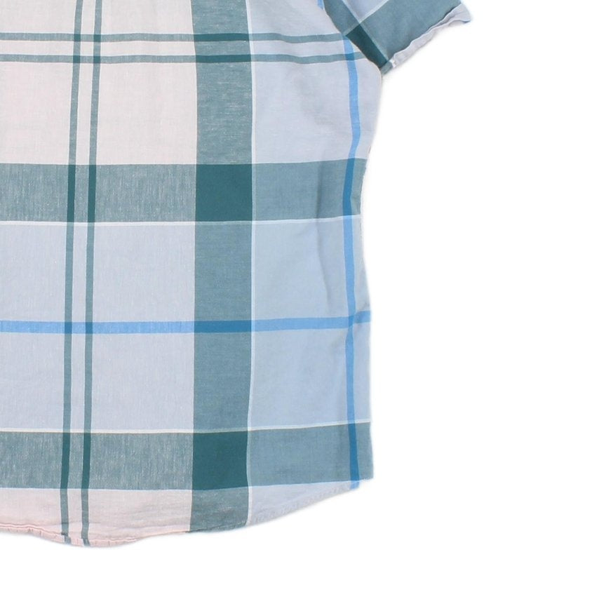 Mens Plaid Shirt Short Sleeve Tailored Fit Cotton Linen