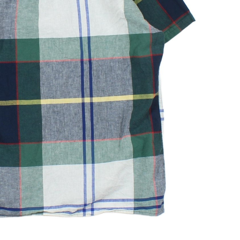 Mens Plaid Shirt Short Sleeve Cotton Linen