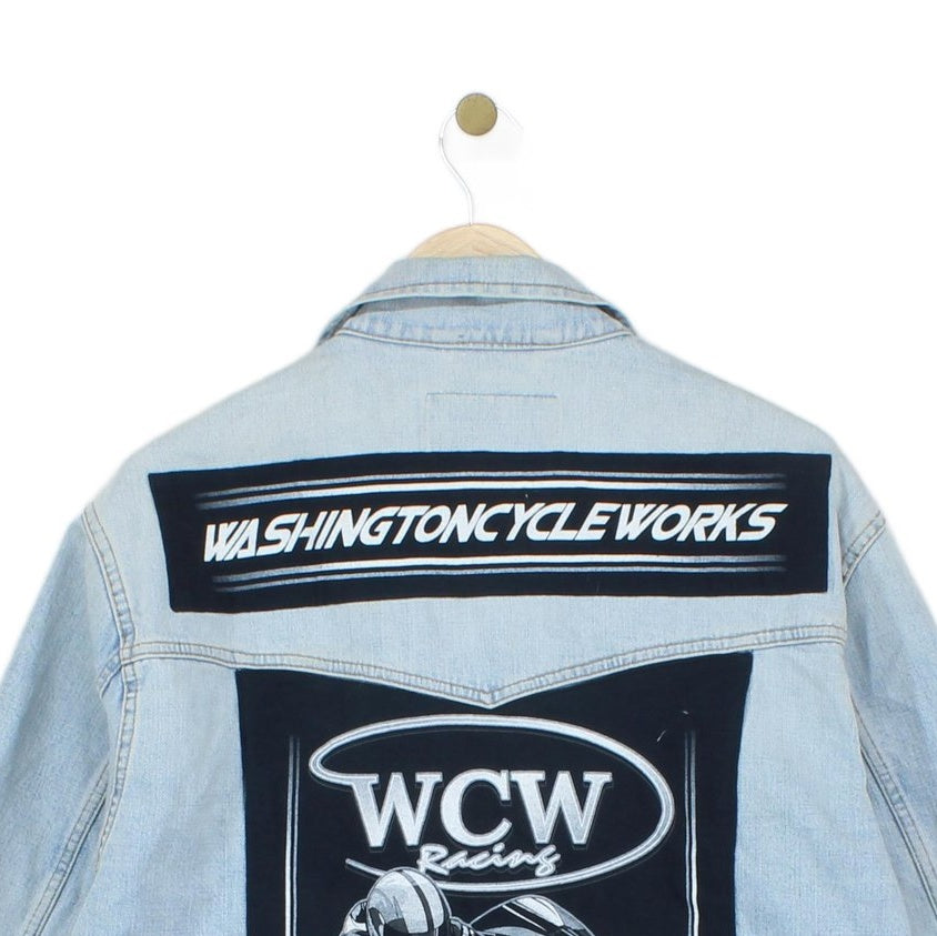 Mens Denim Jacket Motorcycle Reworked Cotton