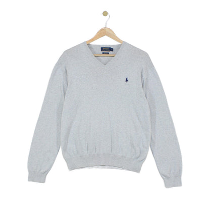 Mens V-Neck Jumper Ribbed Knit Cotton