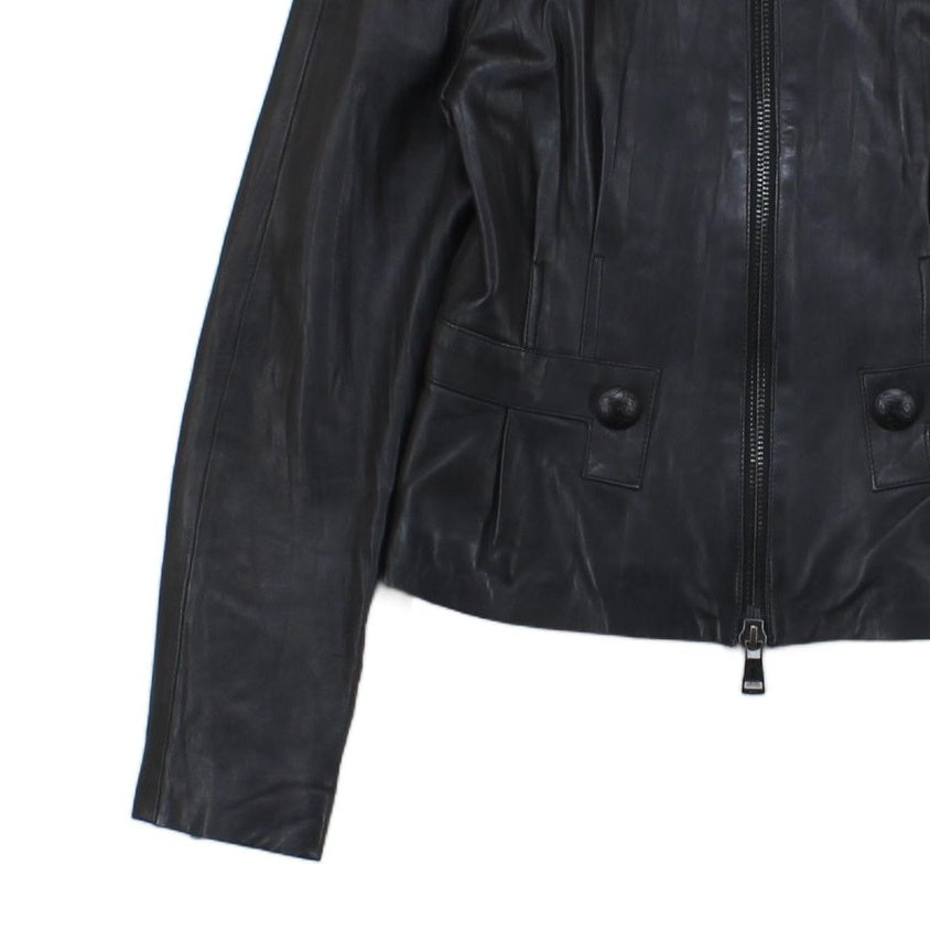 Womens Leather Jacket Full Zip Biker Button