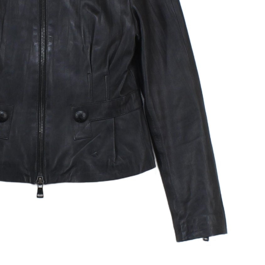Womens Leather Jacket Full Zip Biker Button