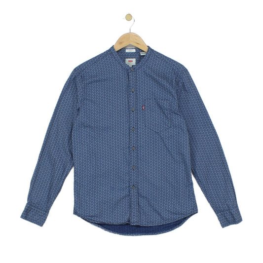 Mens Geometric Shirt Slim Fit Long Sleeve Band Collar
