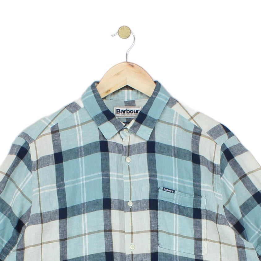 Mens Linen Plaid Shirt Short Sleeve