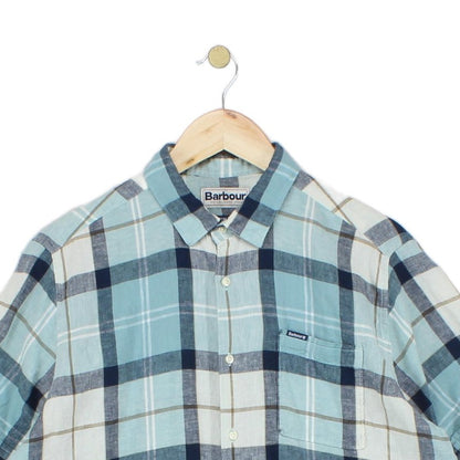 Mens Linen Plaid Shirt Short Sleeve