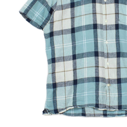 Mens Linen Plaid Shirt Short Sleeve