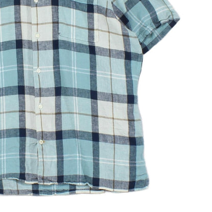 Mens Linen Plaid Shirt Short Sleeve