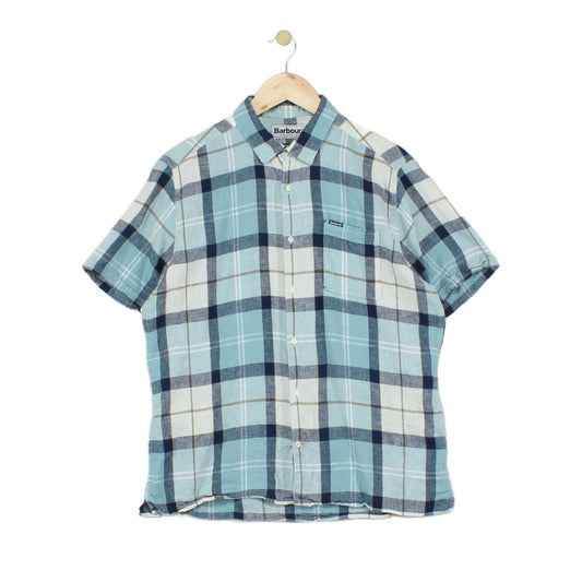 Mens Linen Plaid Shirt Short Sleeve