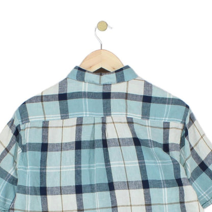 Mens Linen Plaid Shirt Short Sleeve