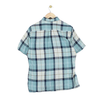Mens Linen Plaid Shirt Short Sleeve