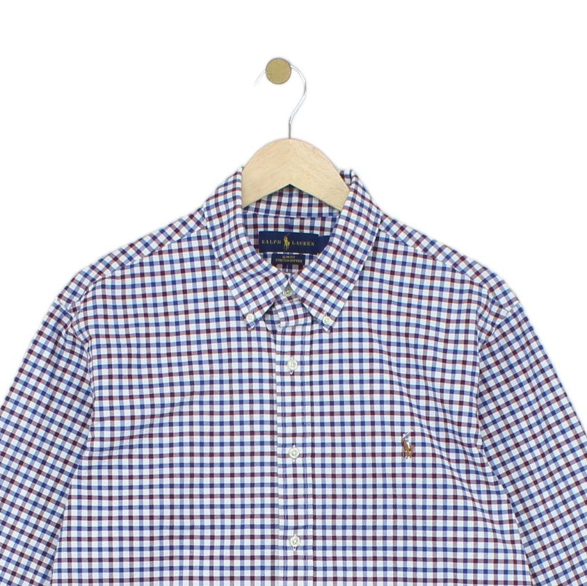 Mens Plaid Shirt Stretch Slim Fit Button Down