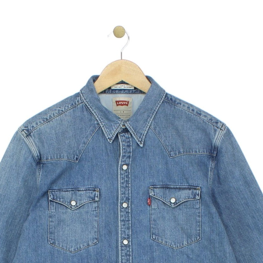 Mens Denim Shirt Slim Fit Snap Western Long Sleeve