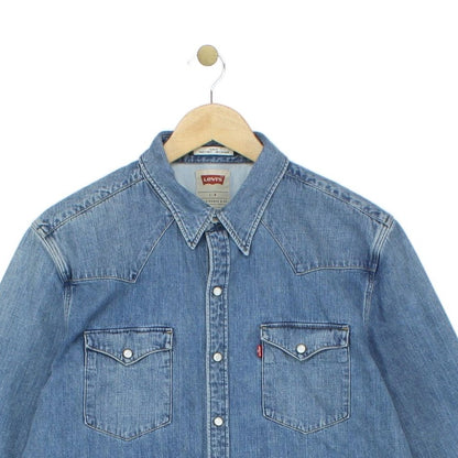 Mens Denim Shirt Slim Fit Snap Western Long Sleeve