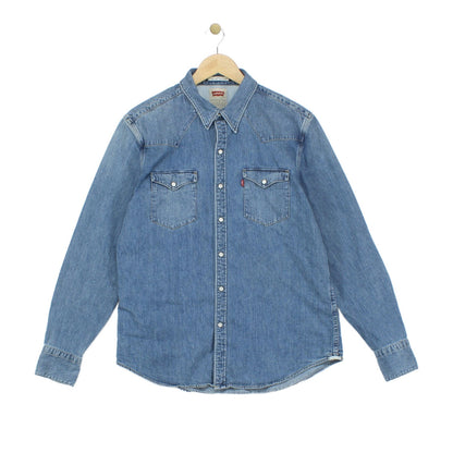 Mens Denim Shirt Slim Fit Snap Western Long Sleeve