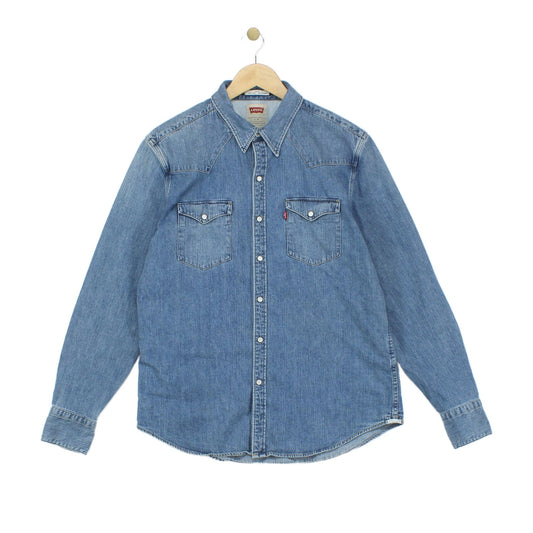 Mens Denim Shirt Slim Fit Snap Western Long Sleeve