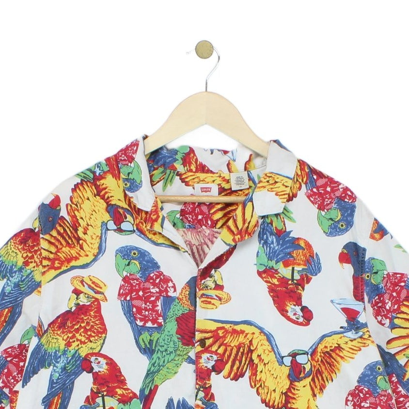 Mens Patterned Shirt Parrot Hawaiian Revere Collar