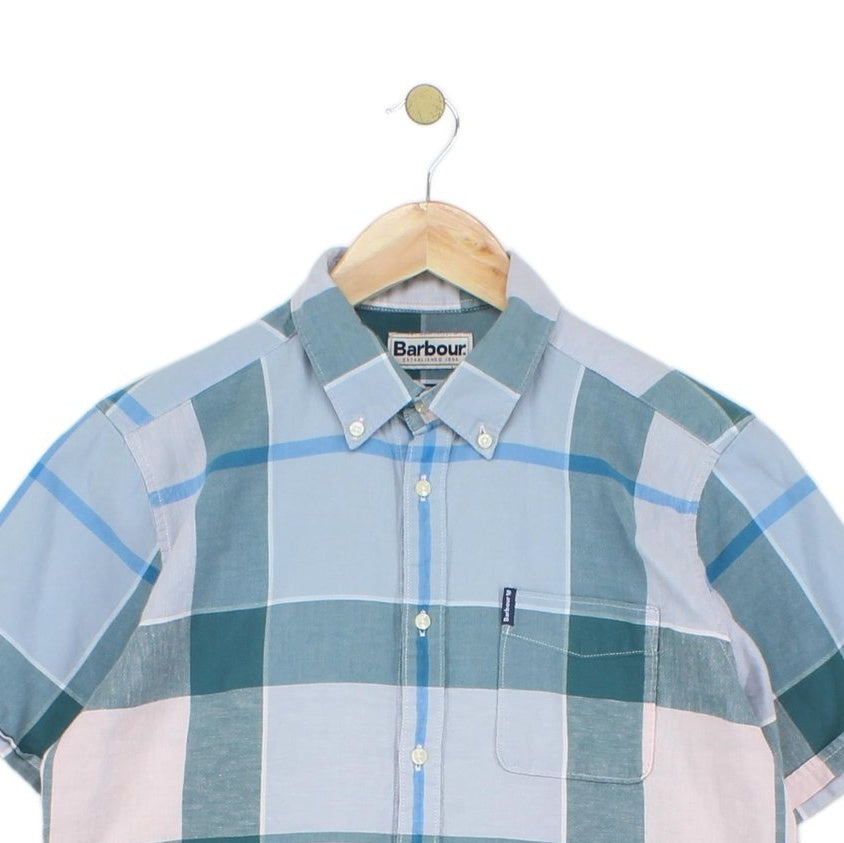 Mens Plaid Shirt Short Sleeve Tailored Fit Cotton Linen