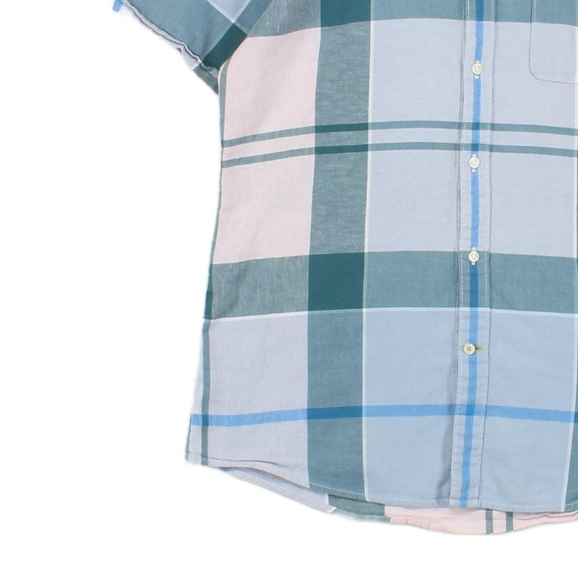 Mens Plaid Shirt Short Sleeve Tailored Fit Cotton Linen