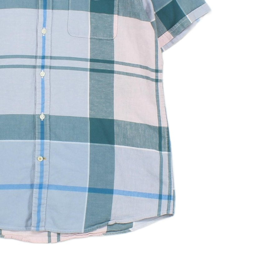 Mens Plaid Shirt Short Sleeve Tailored Fit Cotton Linen