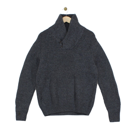 Mens Lambs Wool Jumper Ribbed Knit Shawl Collar