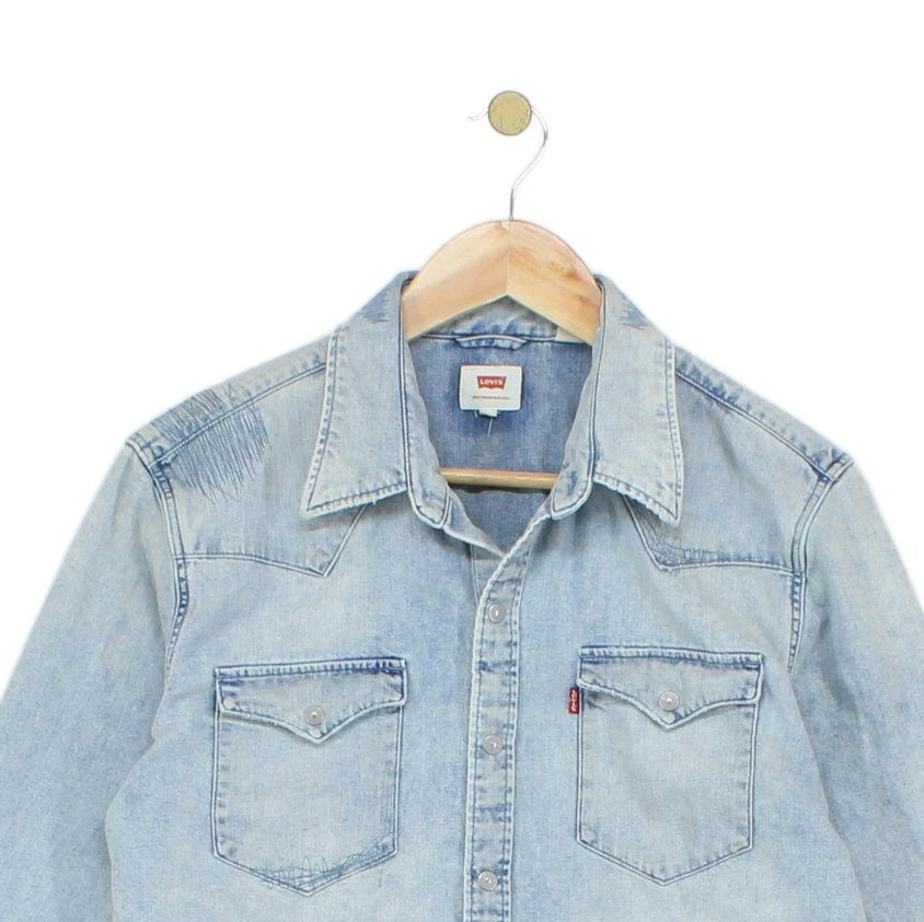 Mens Distressed Denim Shirt Snap Long Sleeve Western