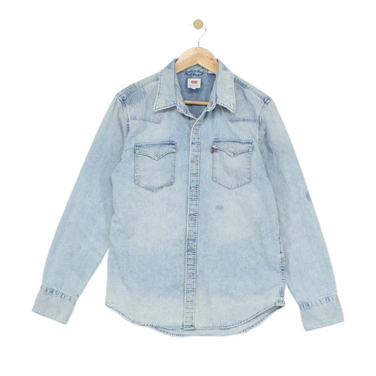 Mens Distressed Denim Shirt Snap Long Sleeve Western