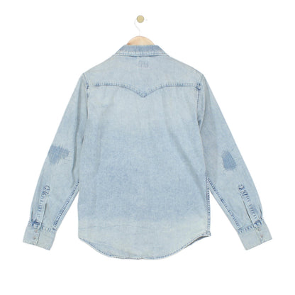 Mens Distressed Denim Shirt Snap Long Sleeve Western