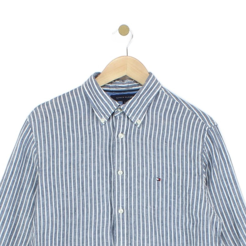 Mens Linen Striped Shirt Button Up
