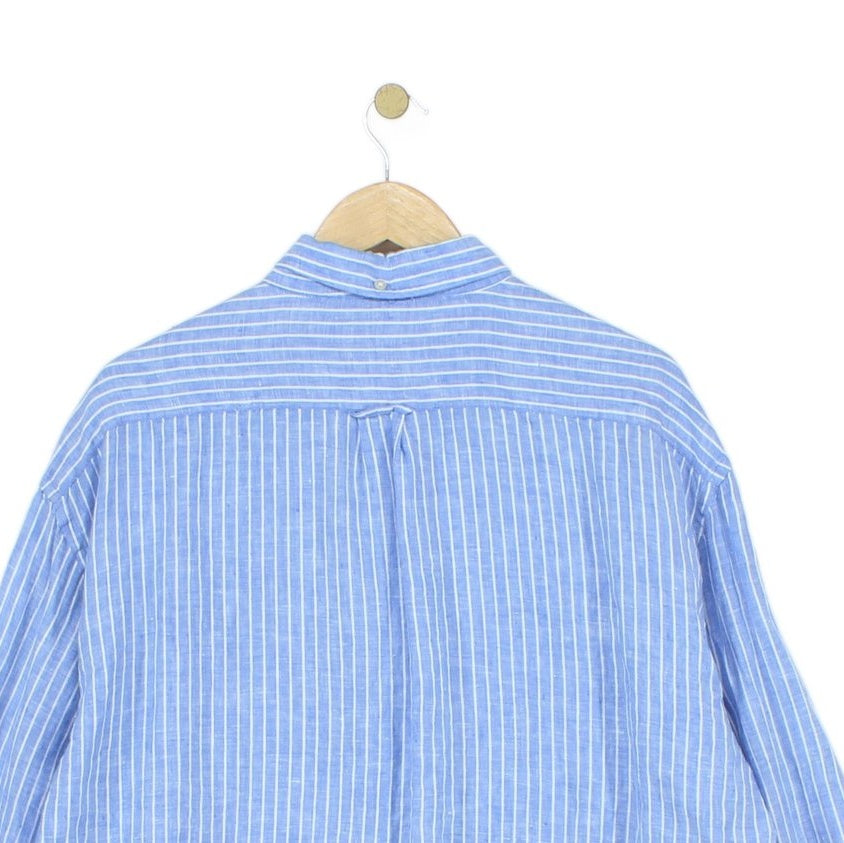 Mens Linen Striped Shirt Button Up Long Sleeve
