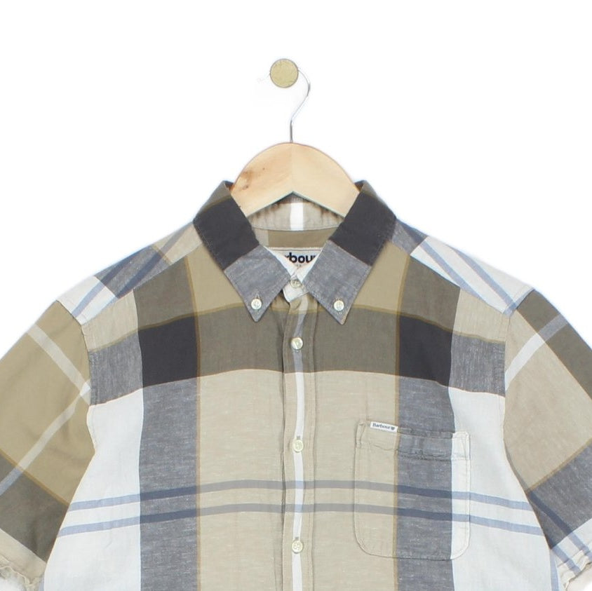 Mens Plaid Shirt Short Sleeve Cotton Linen