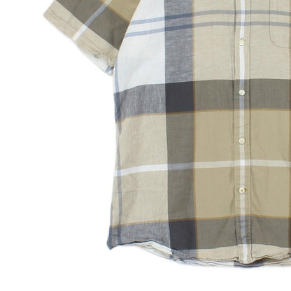 Mens Plaid Shirt Short Sleeve Cotton Linen