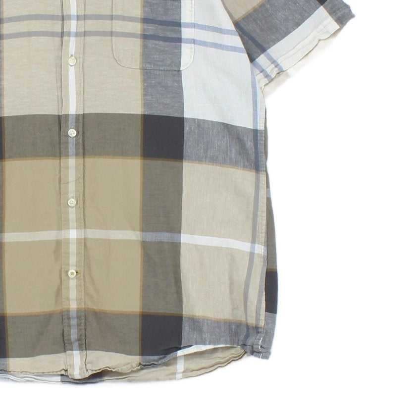 Mens Plaid Shirt Short Sleeve Cotton Linen