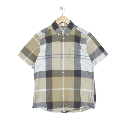 Mens Plaid Shirt Short Sleeve Cotton Linen