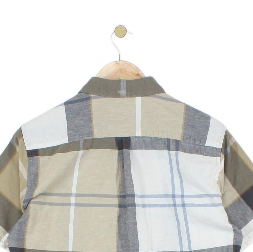 Mens Plaid Shirt Short Sleeve Cotton Linen