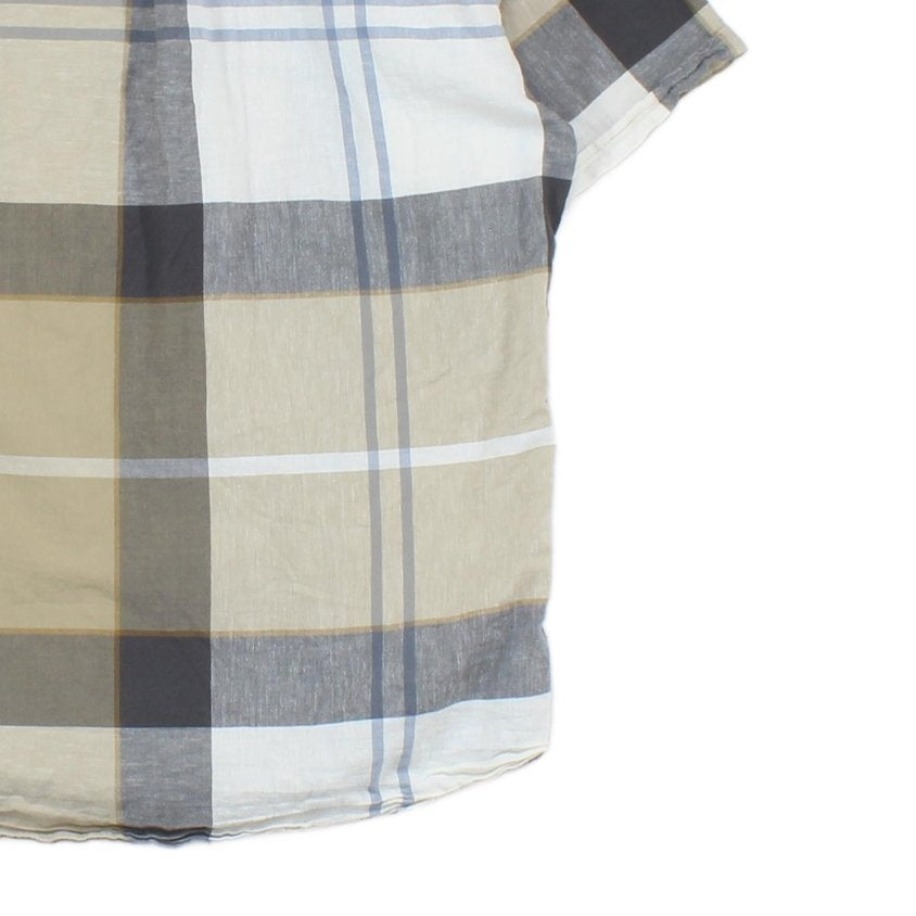 Mens Plaid Shirt Short Sleeve Cotton Linen