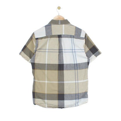 Mens Plaid Shirt Short Sleeve Cotton Linen