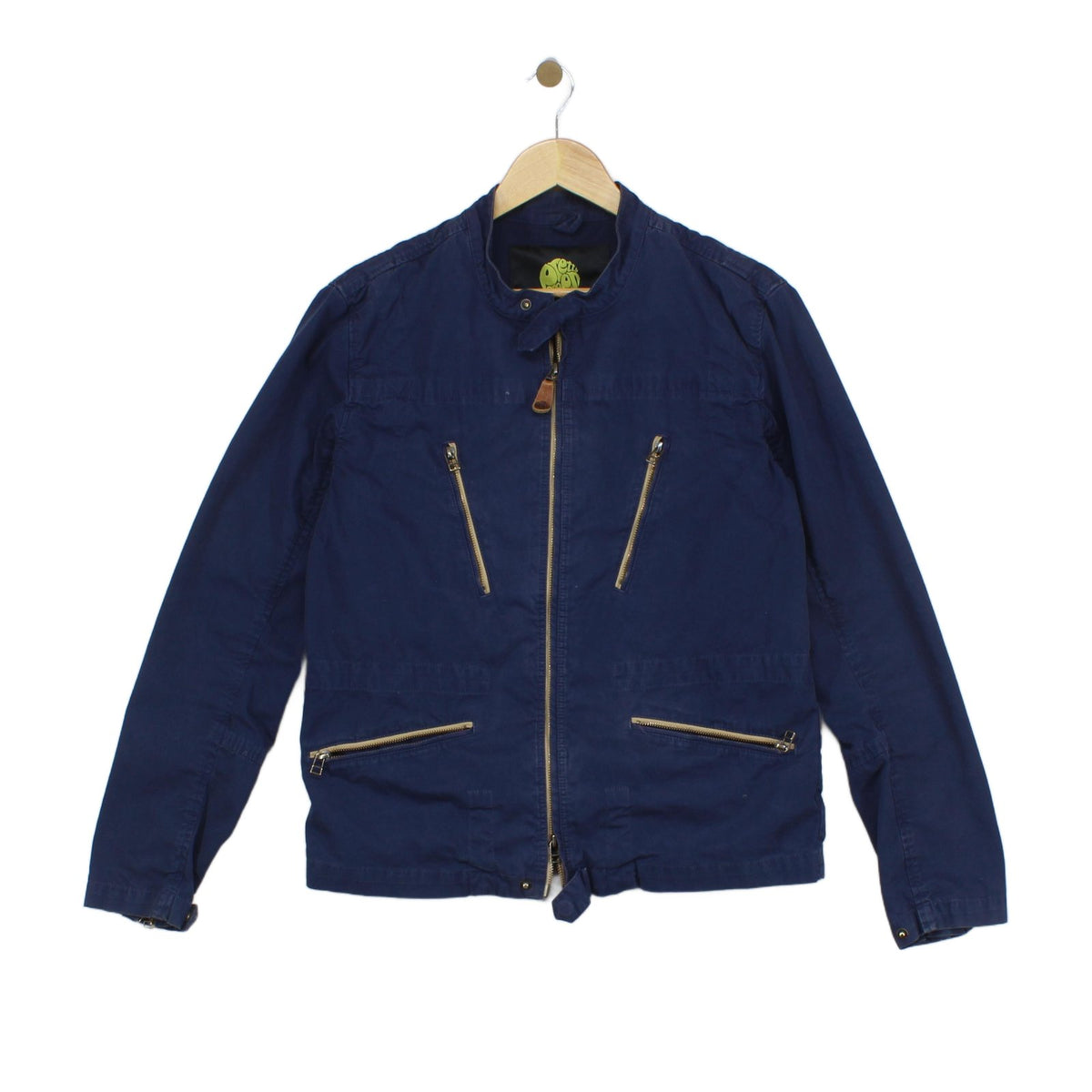 Mens Biker Jacket Full Zip Navy Cotton
