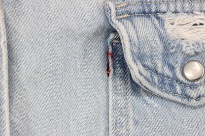Womens Oversized Denim Shirt Distressed Pearl Snap