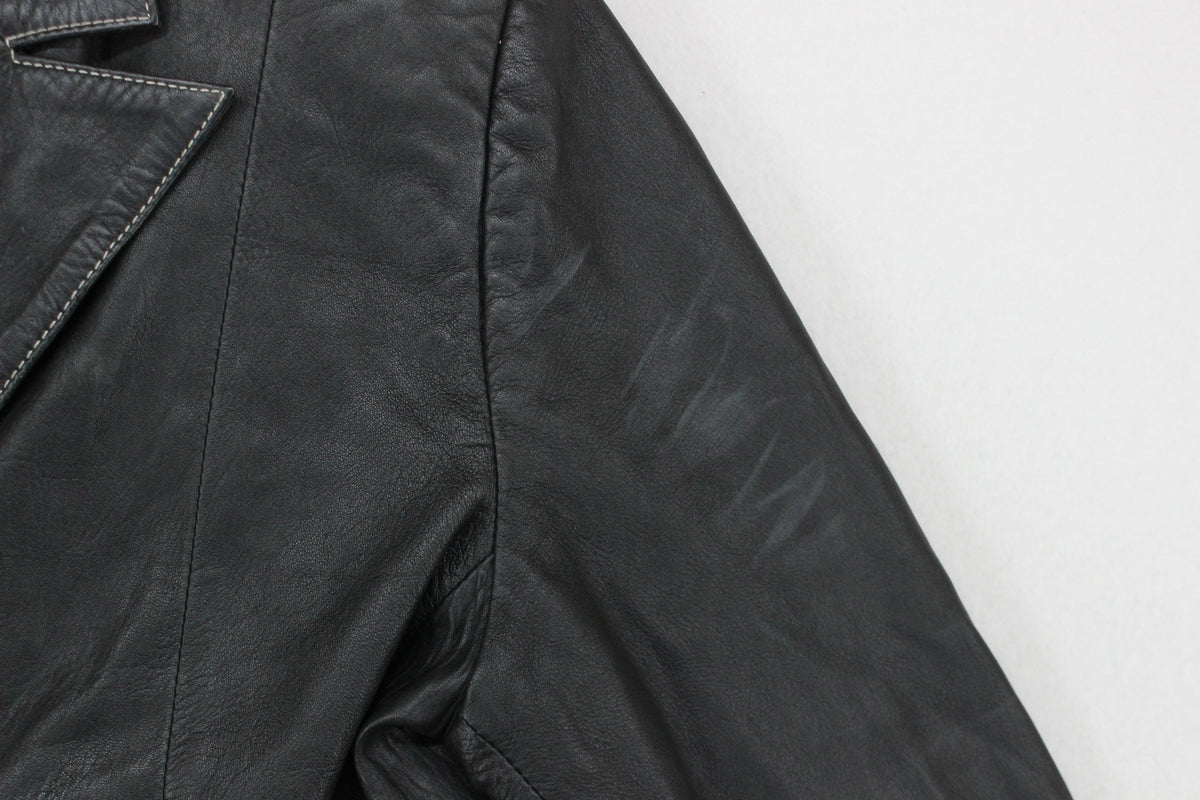 Womens Leather Blazer Notch Lapel Button Tailored