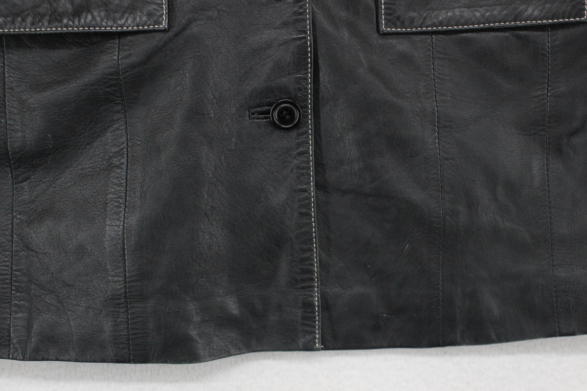 Womens Leather Blazer Notch Lapel Button Tailored