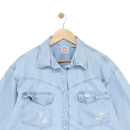 Womens Oversized Denim Shirt Distressed Pearl Snap
