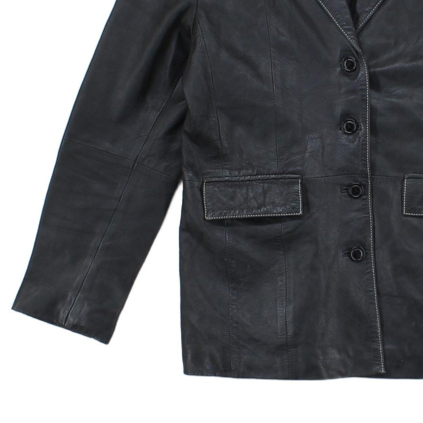 Womens Leather Blazer Notch Lapel Button Tailored