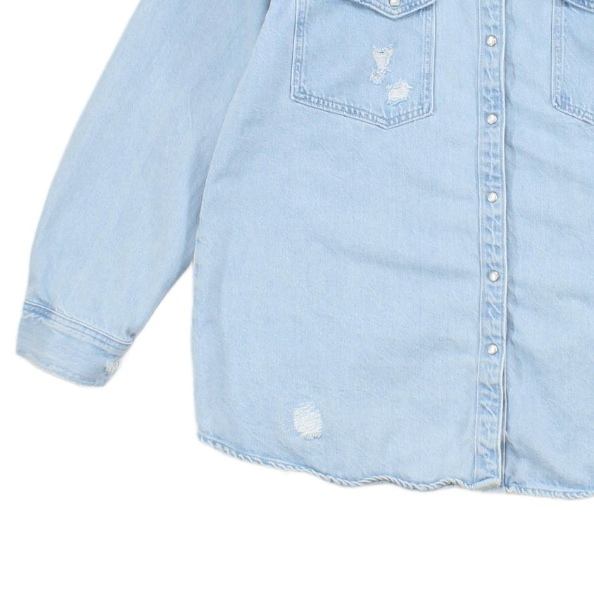 Womens Oversized Denim Shirt Distressed Pearl Snap