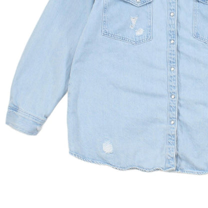 Womens Oversized Denim Shirt Distressed Pearl Snap