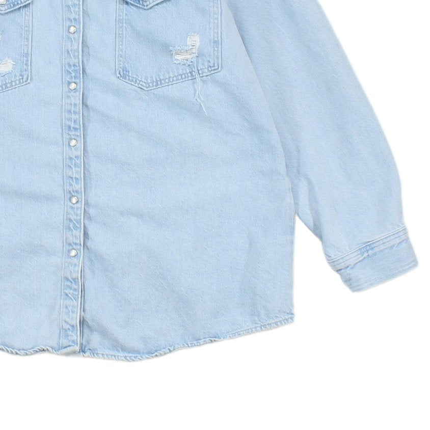 Womens Oversized Denim Shirt Distressed Pearl Snap