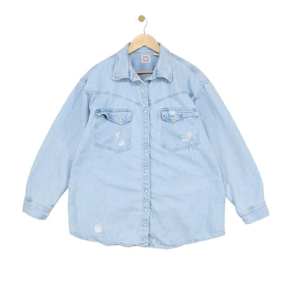 Womens Oversized Denim Shirt Distressed Pearl Snap