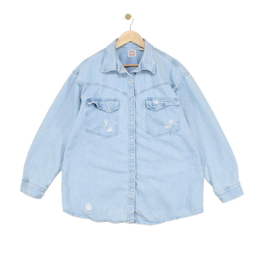 Womens Oversized Denim Shirt Distressed Pearl Snap