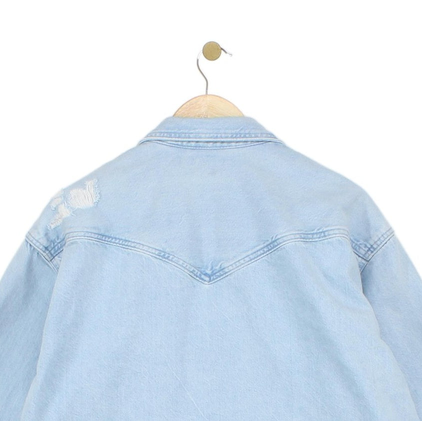 Womens Oversized Denim Shirt Distressed Pearl Snap