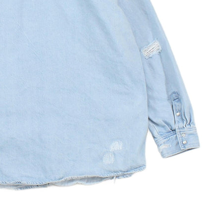 Womens Oversized Denim Shirt Distressed Pearl Snap