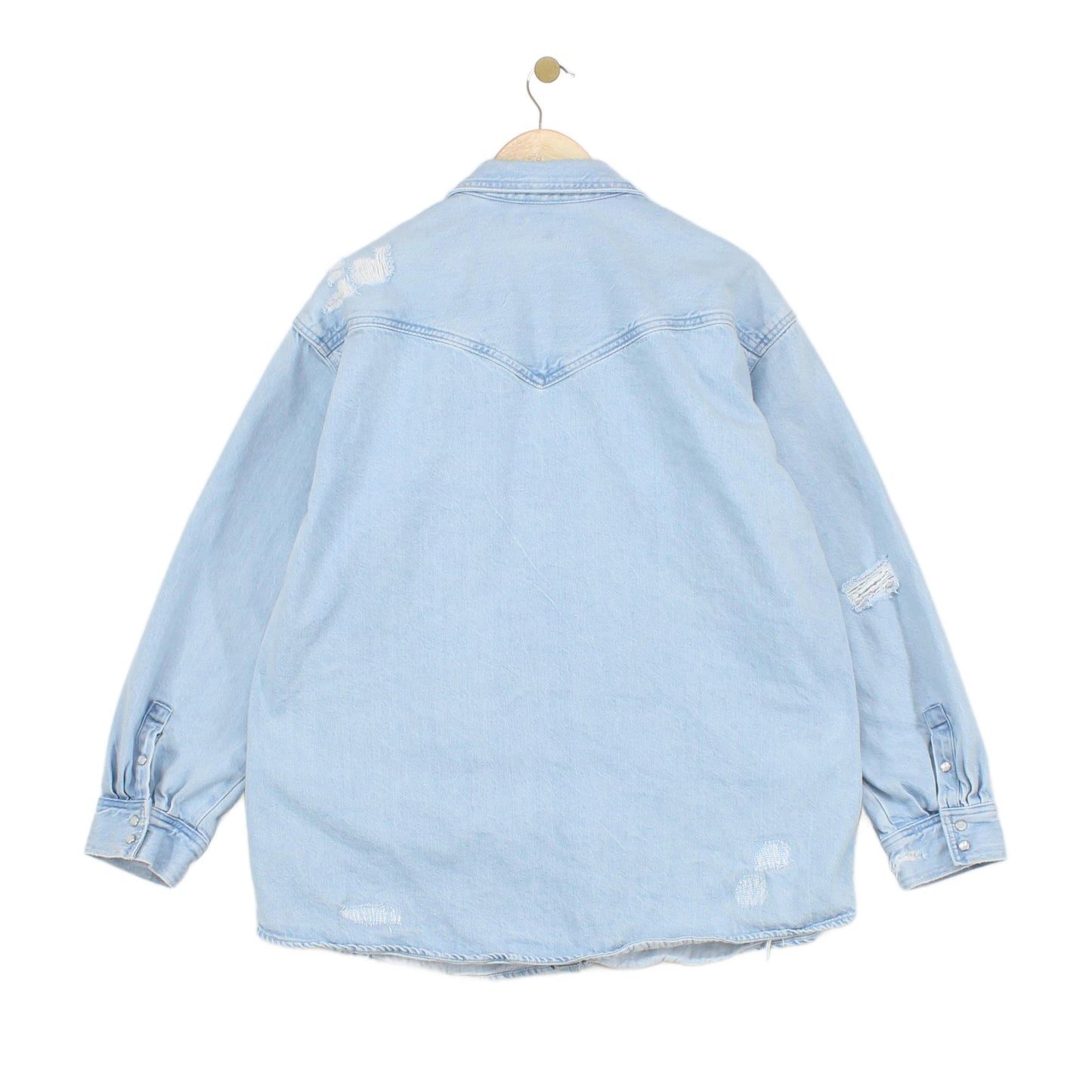Womens Oversized Denim Shirt Distressed Pearl Snap